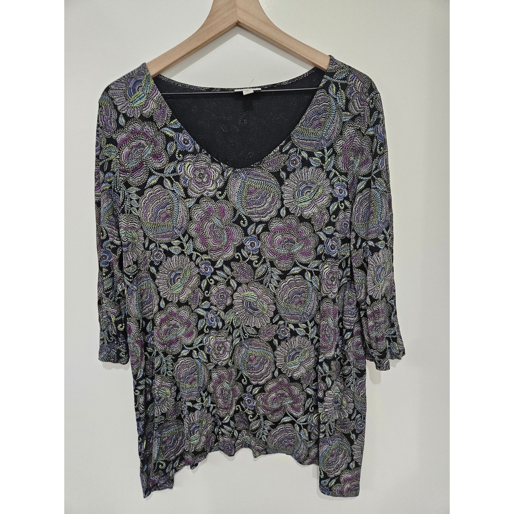 J. Jill Womens XL Petite Floral Mosaic Knit V-Neck Top 3/4 Sleeve Black‎ Rayon